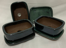 Load image into Gallery viewer, 3.5" Glazed Ceramic Bonlsai Pot & Matching Tray ~ Rounded Rectangular Deep Sea Green