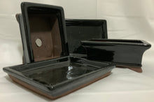 Load image into Gallery viewer, 4.5" Glazed Ceramic Bonsai Pot & Matching Tray ~ Tapered Rectangular Black