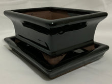 Load image into Gallery viewer, 4.5" Glazed Ceramic Bonsai Pot & Matching Tray ~ Tapered Rectangular Black