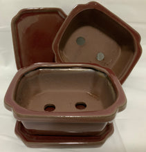 Load image into Gallery viewer, 6&quot; Glazed Ceramic Bonsai Pots &amp; Matching Trays ~ Quince Shaped
