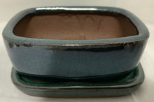 Load image into Gallery viewer, 3.5&quot; Glazed Ceramic Bonlsai Pot &amp; Matching Tray ~ Rounded Rectangular Deep Sea Green
