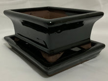 Load image into Gallery viewer, 4.5&quot; Glazed Ceramic Bonsai Pot &amp; Matching Tray ~ Tapered Rectangular Black

